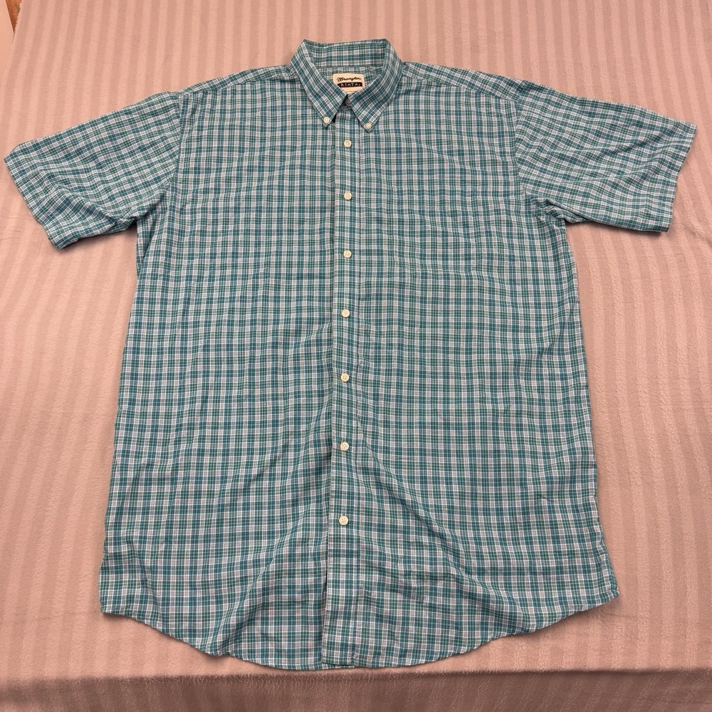 WRANGLER Riata Short Sleeved Button- Down Shirt Teal Green Plaid Size XXL